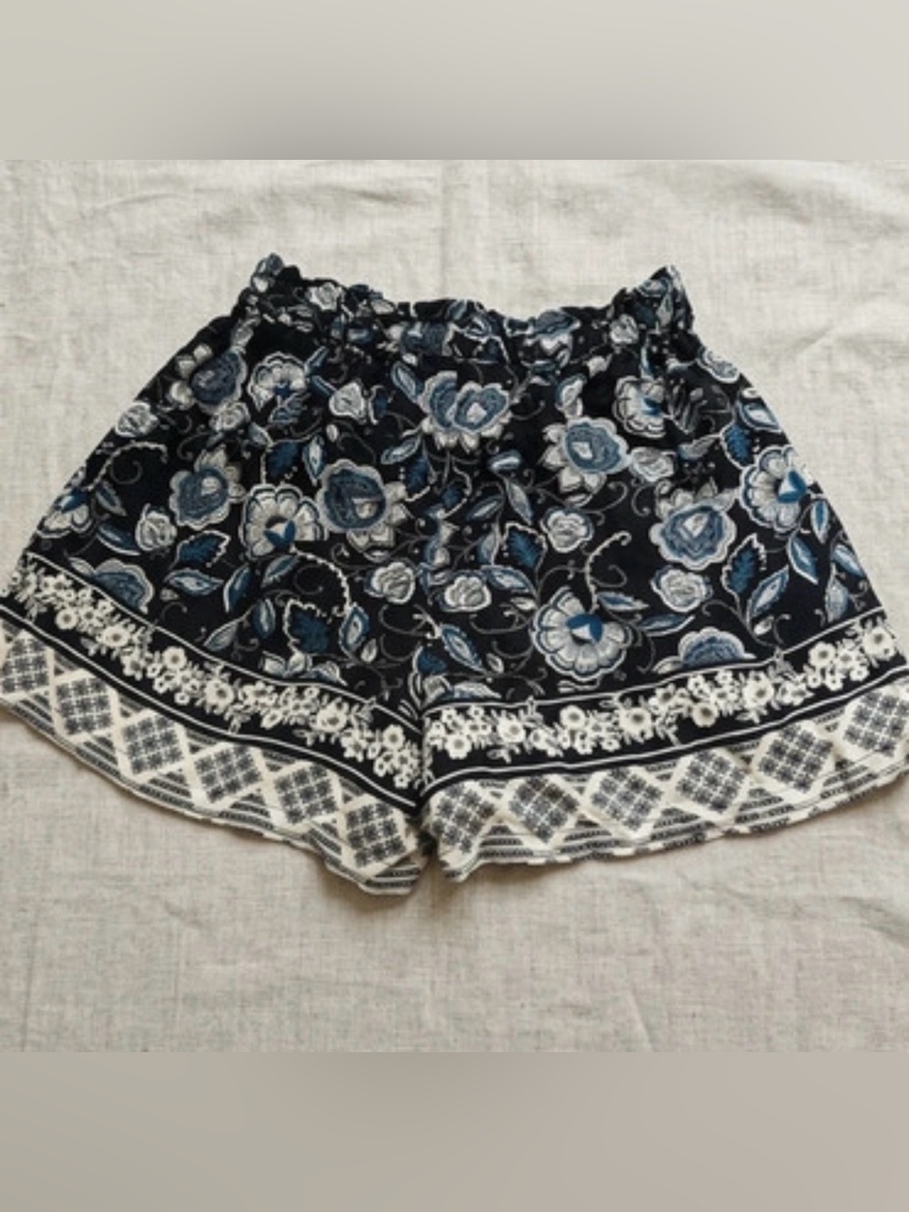 Blue Rain Floral Border Print Shorts - Black, Blue, White